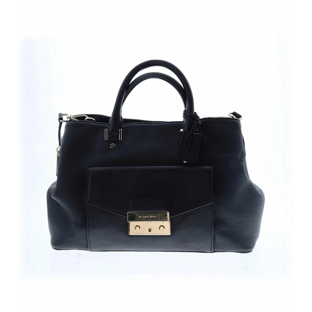 Michael Kors Black Pebbled Leather Mercer Satchel Gold Hardware Crossbody‎ Bag